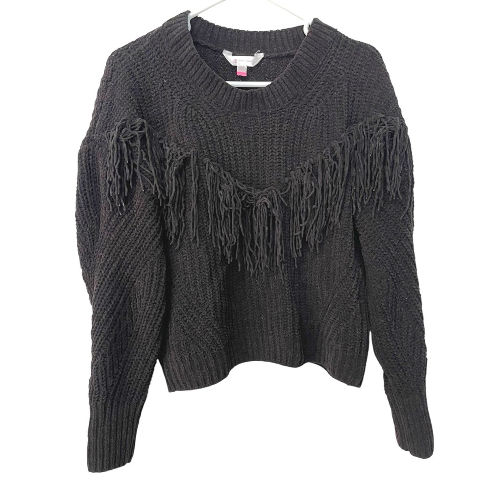 No Boundaries L 11-13 Black Sweater Fringe Western Boho Chenille Knit Crew Neck